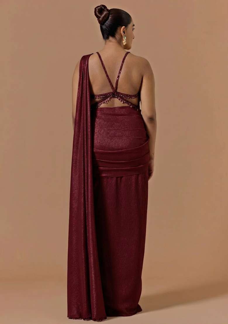 Dark Maroon Chinon Handwork Pre Draped Saree Set - Indya