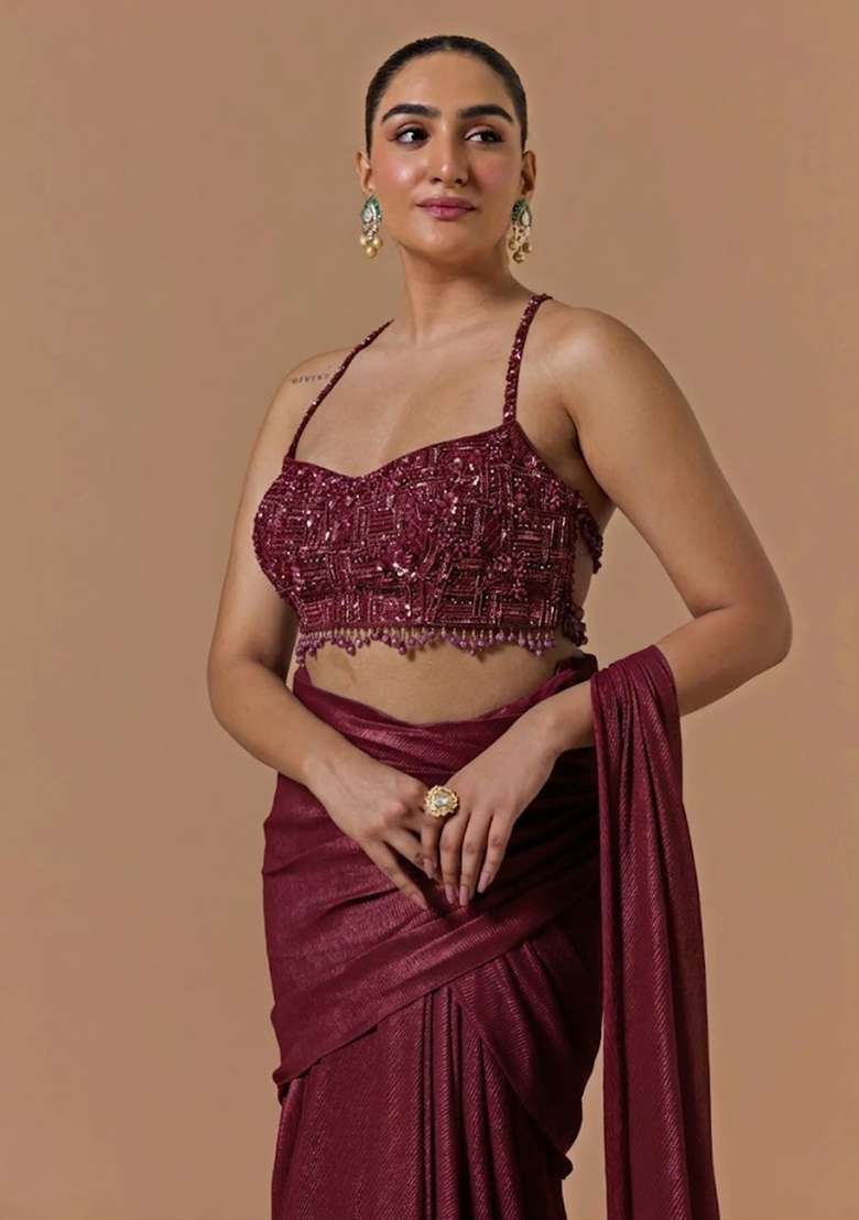 Dark Maroon Chinon Handwork Pre Draped Saree Set - Indya