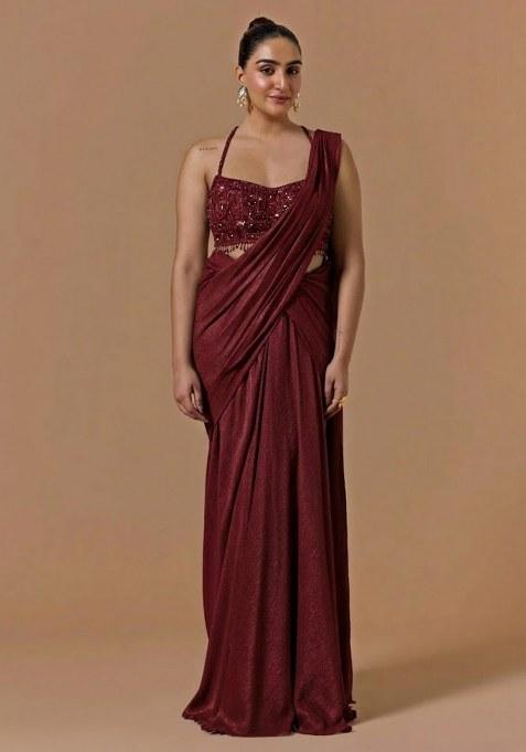 Dark Maroon Chinon Handwork Pre Draped Saree Set