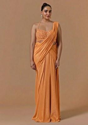Orange Chinon Handwork Pre Draped Saree Set
