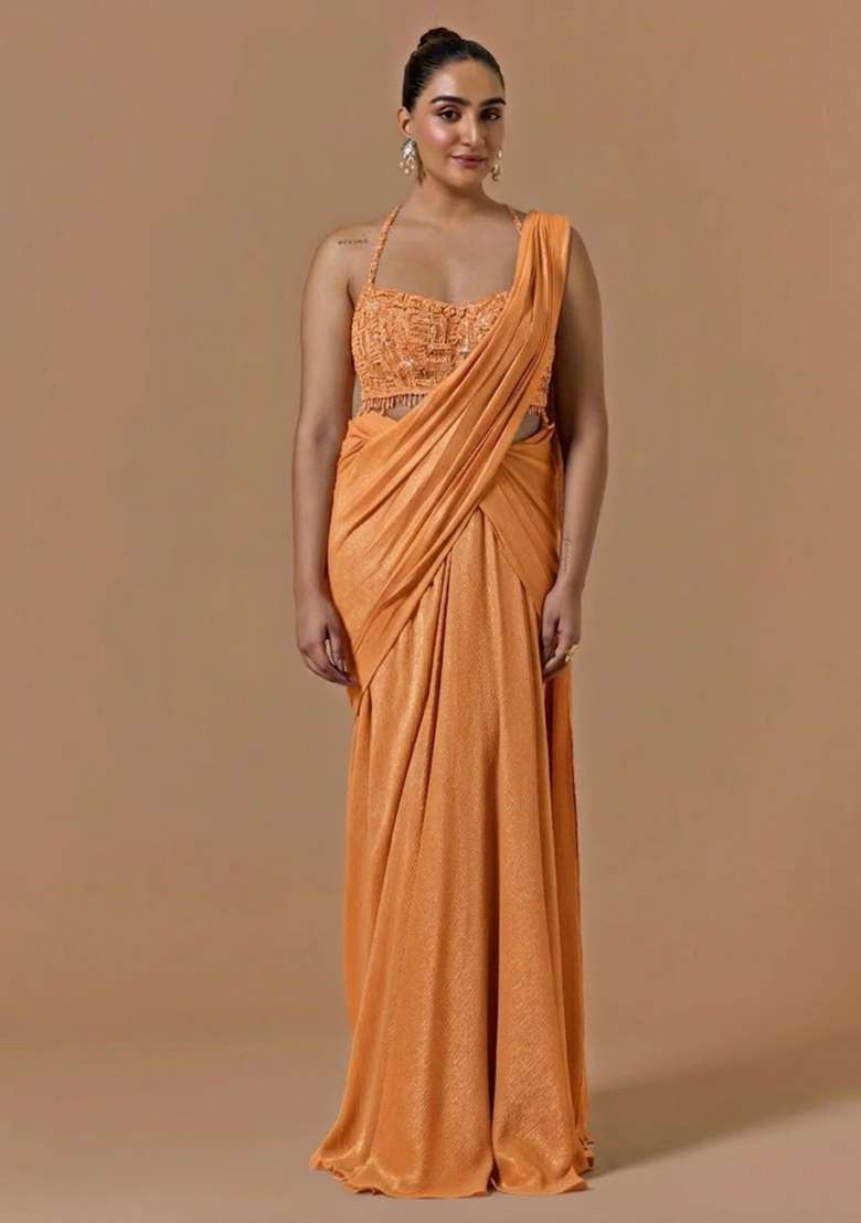 Orange Chinon Handwork Pre Draped Saree Set - Indya