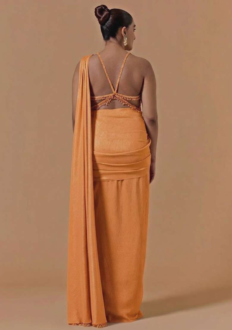 Orange Chinon Handwork Pre Draped Saree Set - Indya