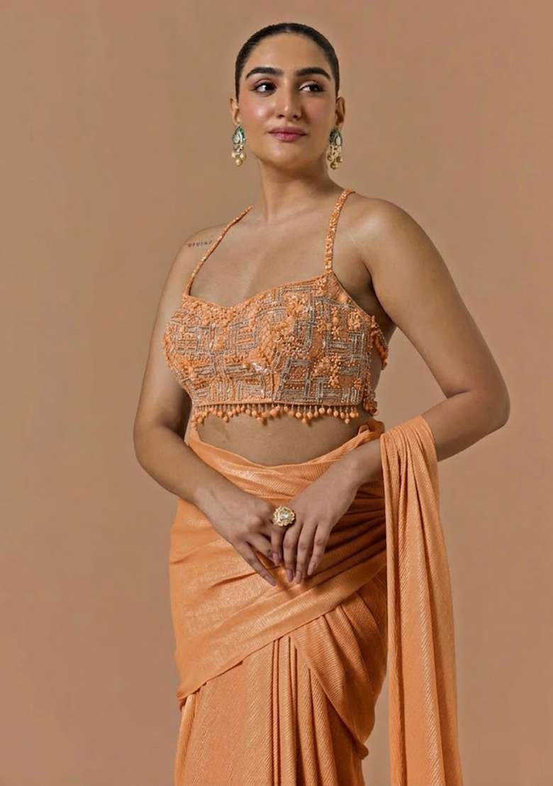 Orange Chinon Handwork Pre Draped Saree Set - Indya