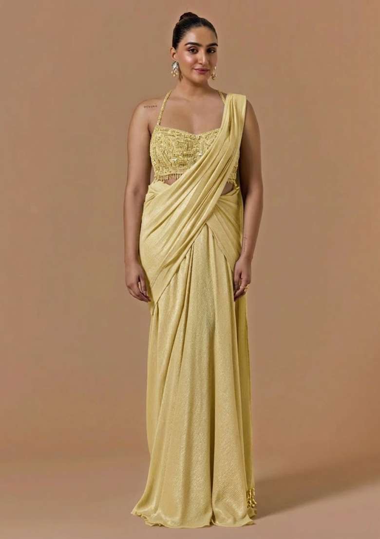 Pastel Yellow Chinon Handwork Pre Draped Saree Set - Indya