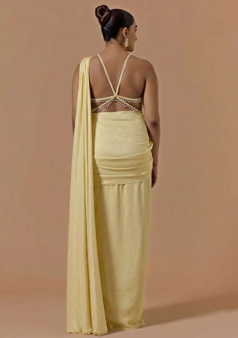 Pastel Yellow Chinon Handwork Pre Draped Saree Set - Indya