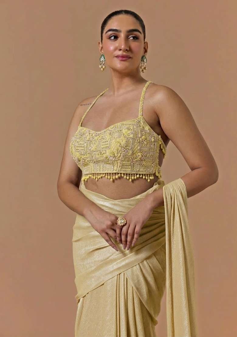 Pastel Yellow Chinon Handwork Pre Draped Saree Set - Indya
