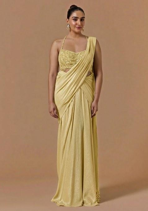 Pastel Yellow Chinon Handwork Pre Draped Saree Set