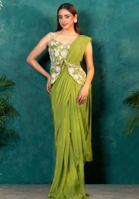 Olive Green Crepe Embroidered Handwork Pre Draped Saree Set