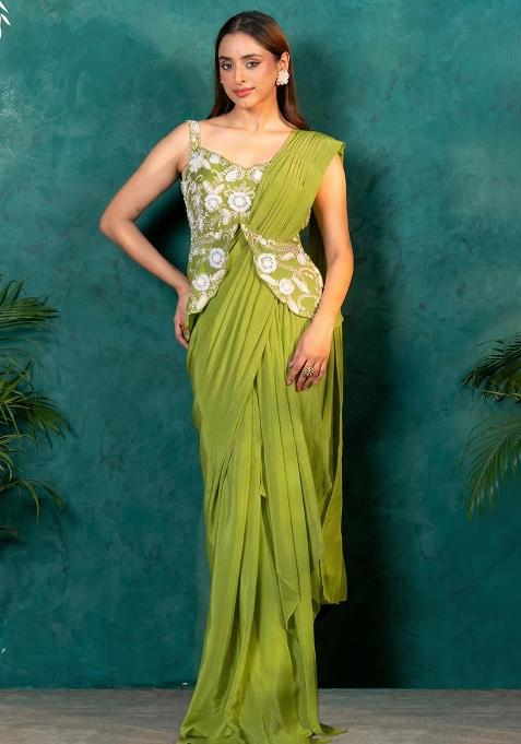 Olive Green Crepe Embroidered Handwork Pre Draped Saree Set