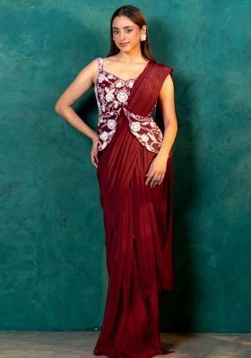 Red Crepe Embroidered Handwork Pre Draped Saree Set