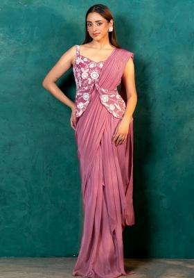 Mauve Crepe Embroidered Handwork Pre Draped Saree Set