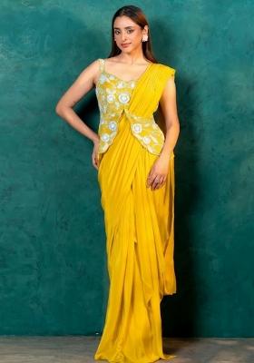 Yellow Crepe Embroidered Handwork Pre Draped Saree Set