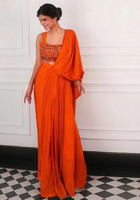 Orange Crepe Embellished Handwork Pre Draped Saree Set