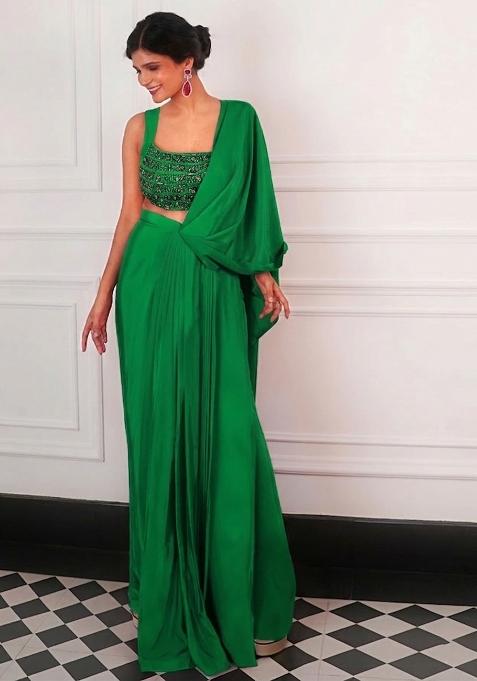 Green Crepe Embellished Handwork Pre Draped Saree Set