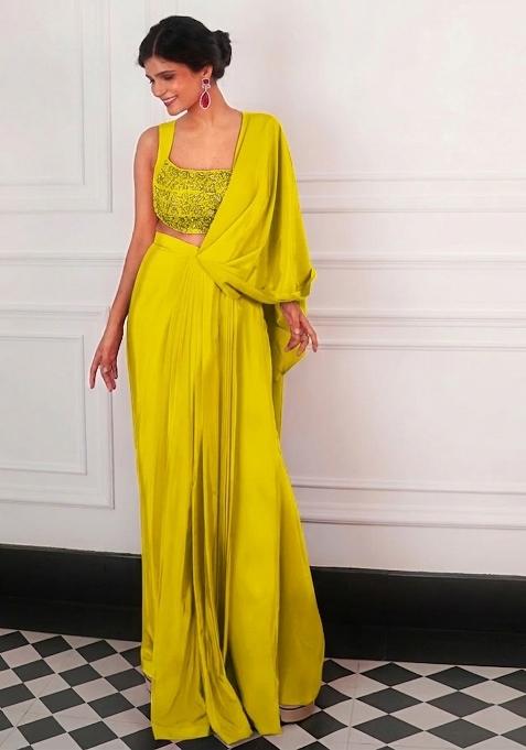 Olive Green Crepe Embellished Handwork Pre Draped Saree Set