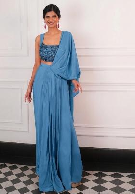 Dusty Blue Crepe Embellished Handwork Pre Draped Saree Set