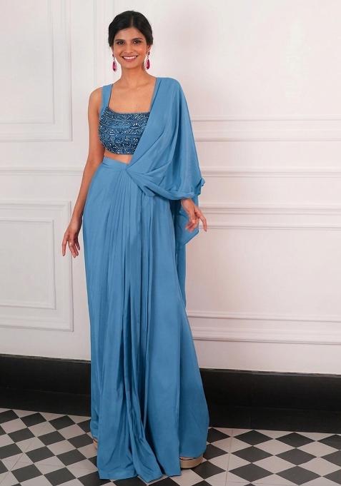 Dusty Blue Crepe Embellished Handwork Pre Draped Saree Set