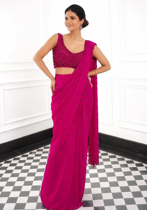 Pink Crepe Embellished Handwork Pre Draped Saree Set