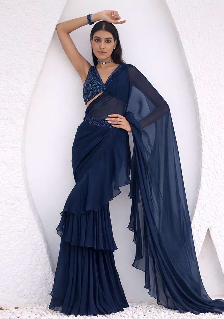 Navy Blue Chiffon Embellished Handwork Pre Draped Saree Set - Indya