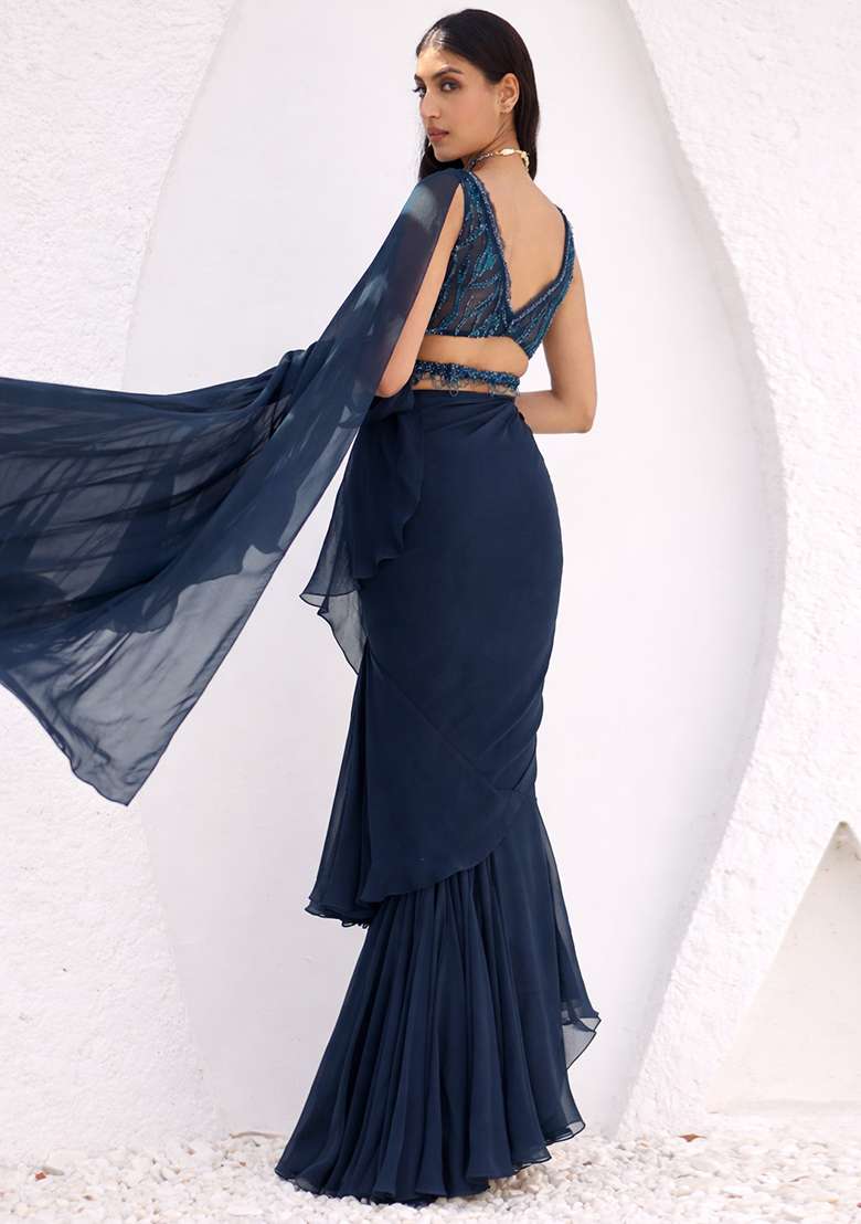 Navy Blue Chiffon Embellished Handwork Pre Draped Saree Set - Indya