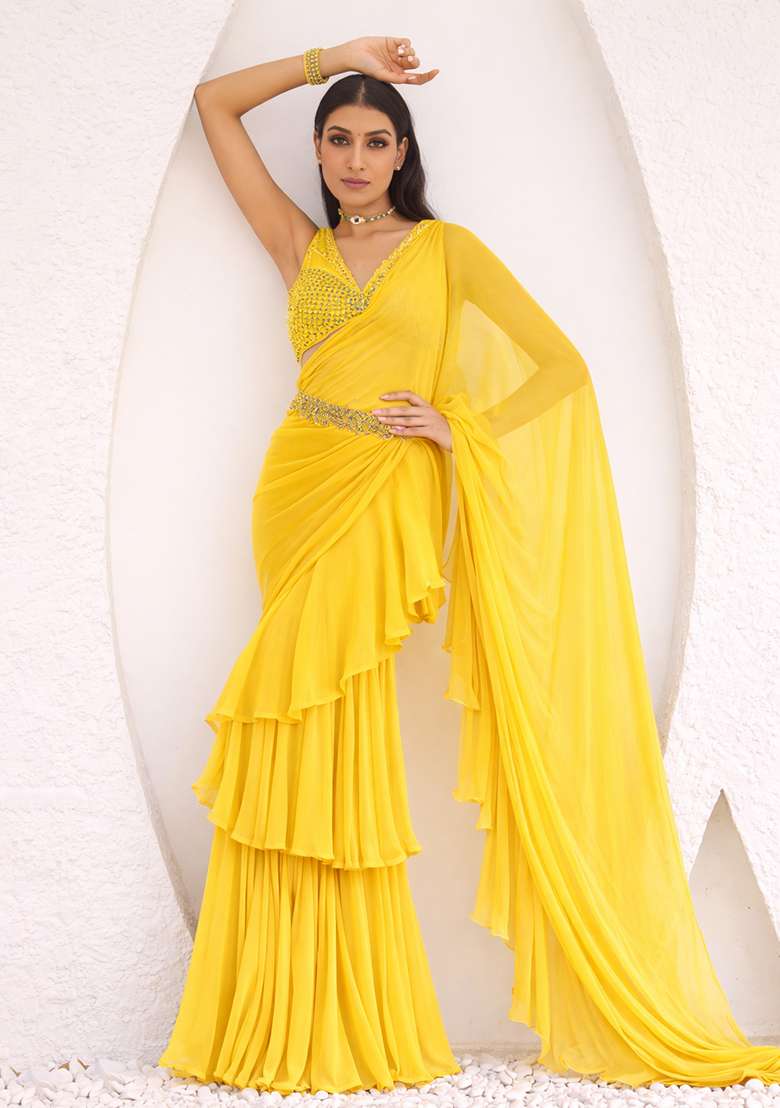 Yellow Chiffon Embellished Handwork Pre Draped Saree Set - Indya