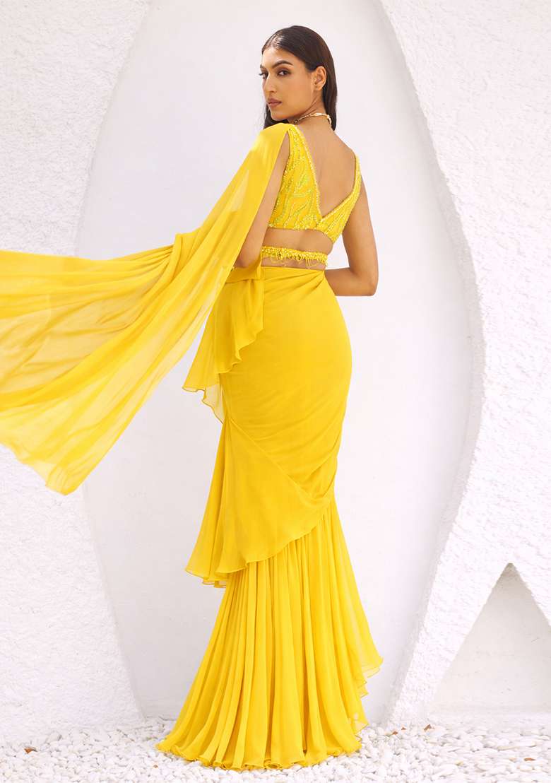 Yellow Chiffon Embellished Handwork Pre Draped Saree Set - Indya