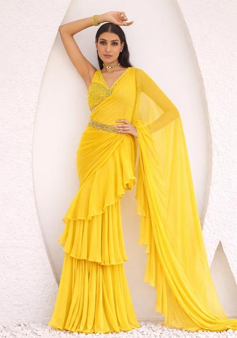 Yellow Chiffon Embellished Handwork Pre Draped Saree Set