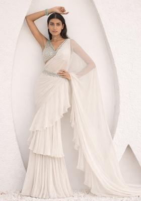 Ivory Chiffon Embellished Handwork Pre Draped Saree Set