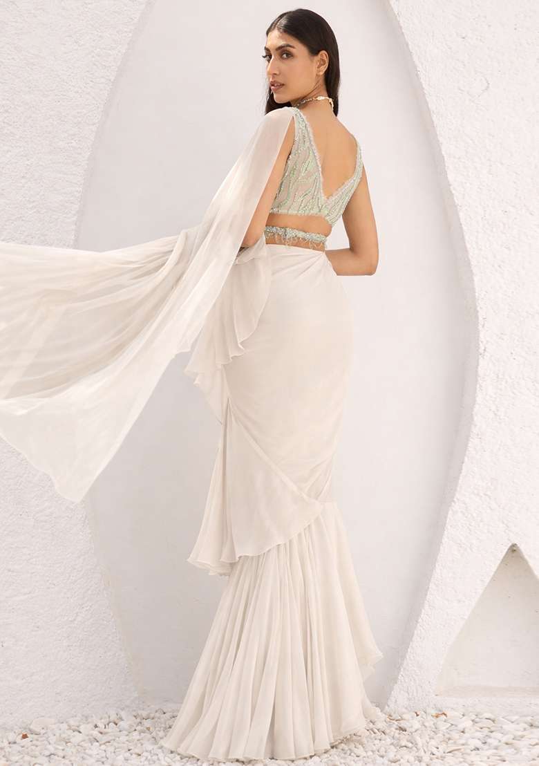 Ivory Chiffon Embellished Handwork Pre Draped Saree Set - Indya