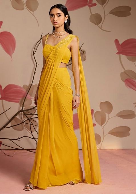 Yellow Georgette Solid Handwork Pre Draped Saree Set