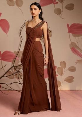 Brown Georgette Solid Handwork Pre Draped Saree Set