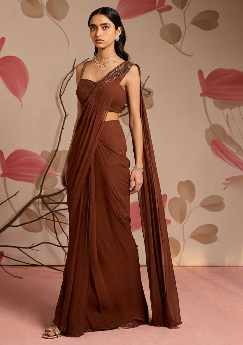 Brown Georgette Solid Handwork Pre Draped Saree Set for Diwali and Festive Wear - Indya