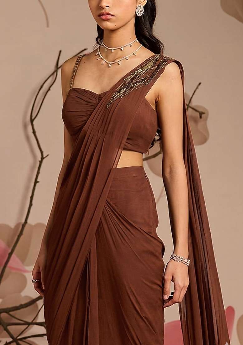 Brown Georgette Solid Handwork Pre Draped Saree Set for Diwali and Festive Wear - Indya