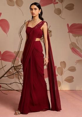 Red Georgette Solid Handwork Pre Draped Saree Set