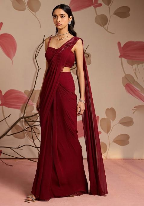 Red Georgette Solid Handwork Pre Draped Saree Set
