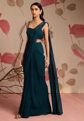 Teal Blue Georgette Solid Handwork Pre Draped Saree Set