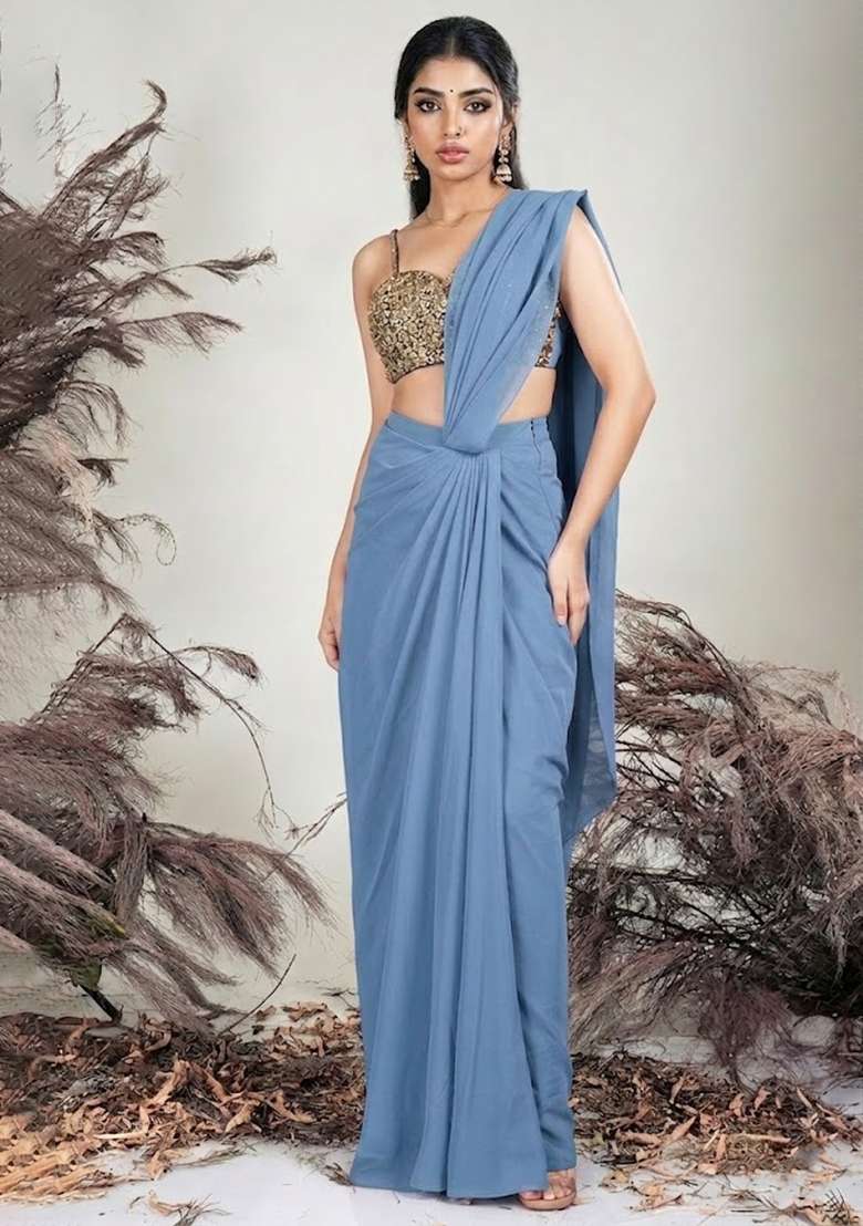 Blue Crepe Embellished Handwork Pre Draped Saree Set - Indya