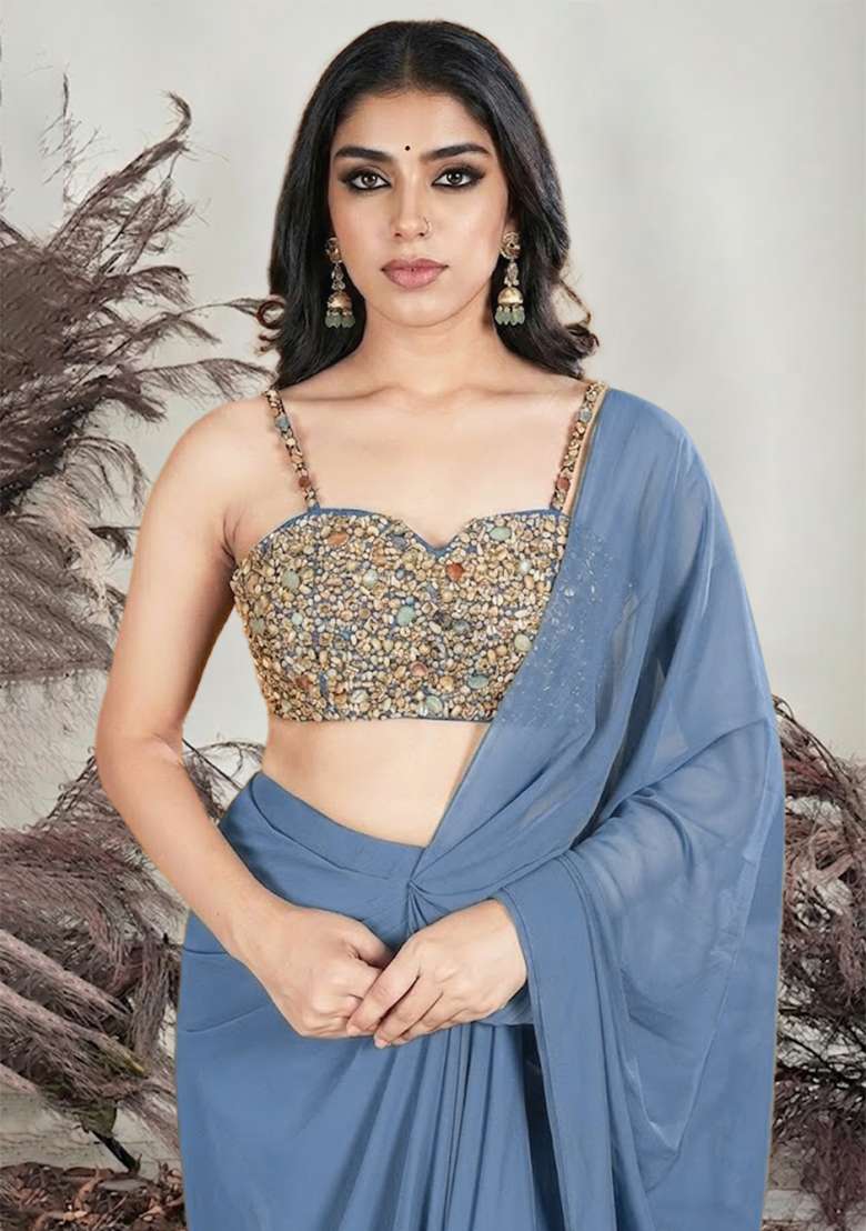 Blue Crepe Embellished Handwork Pre Draped Saree Set - Indya