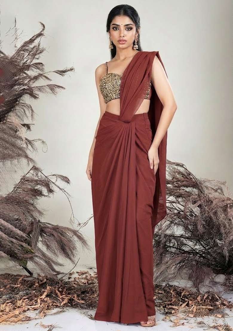 Brick Red Crepe Embellished Handwork Pre Draped Saree Set - Indya
