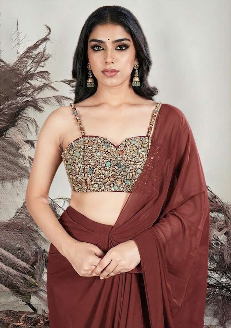 Brick Red Crepe Embellished Handwork Pre Draped Saree Set - Indya