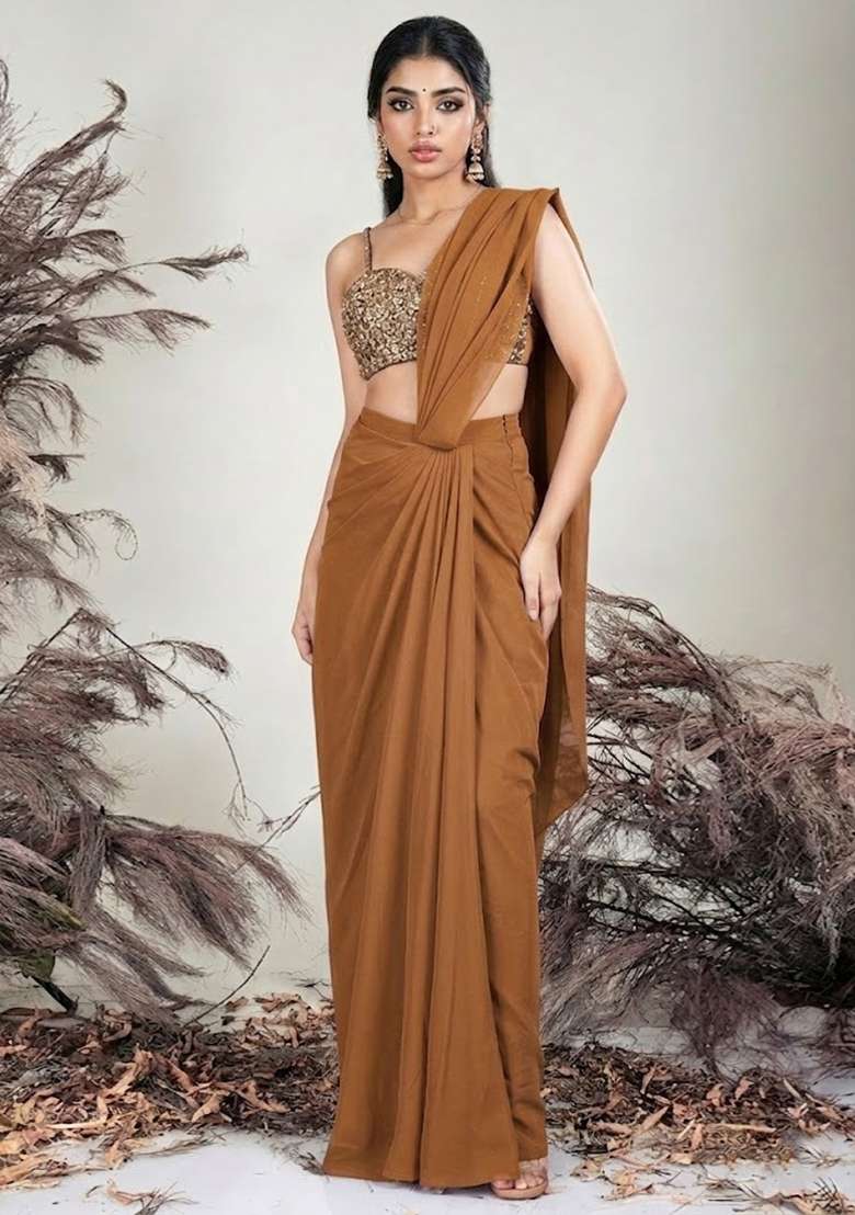 Golden Yellow Crepe Embellished Handwork Pre Draped Saree Set - Indya