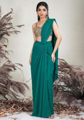 Green Crepe Embellished Handwork Pre Draped Saree Set