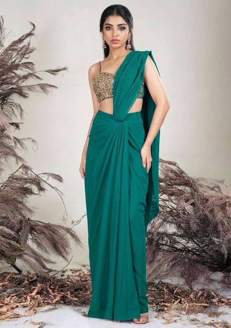 Green Crepe Embellished Handwork Pre Draped Saree Set - Indya