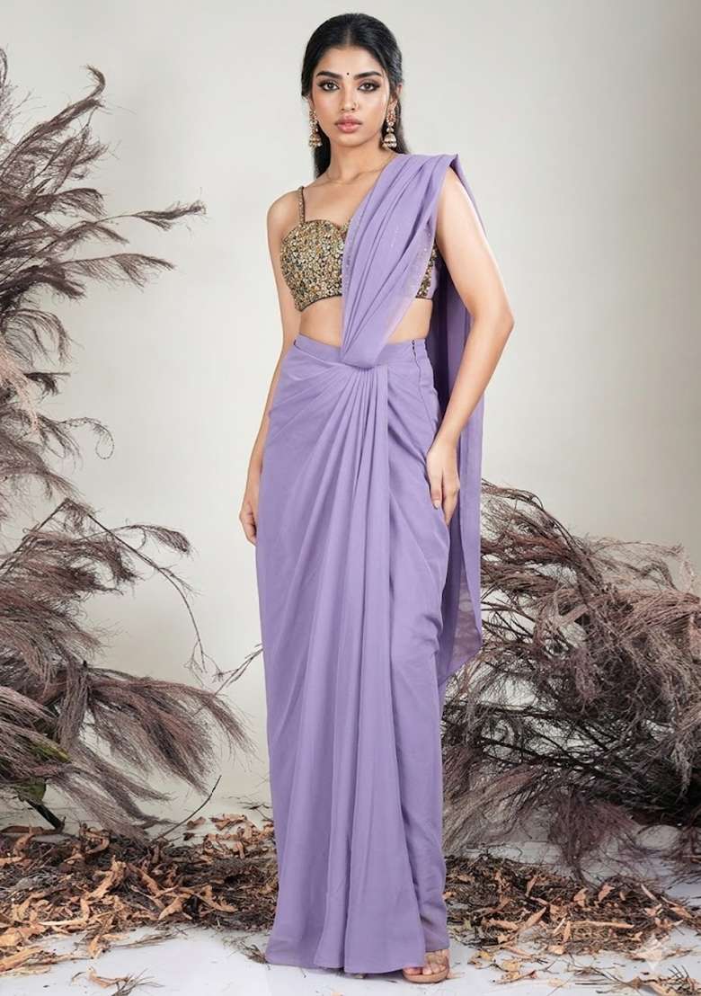Purple Crepe Embellished Handwork Pre Draped Saree Set - Indya