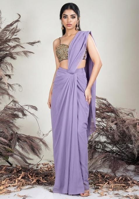 Purple Crepe Embellished Handwork Pre Draped Saree Set