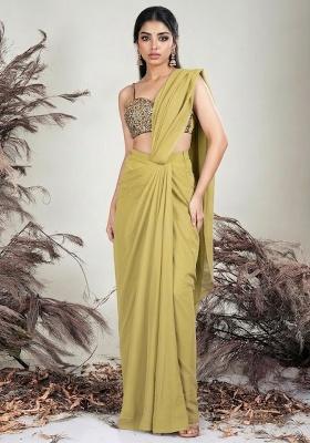 Yellow Crepe Embellished Handwork Pre Draped Saree Set