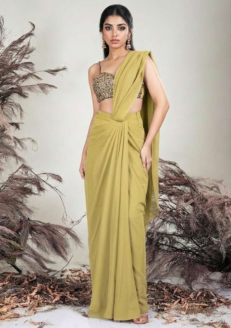 Yellow Crepe Embellished Handwork Pre Draped Saree Set - Indya