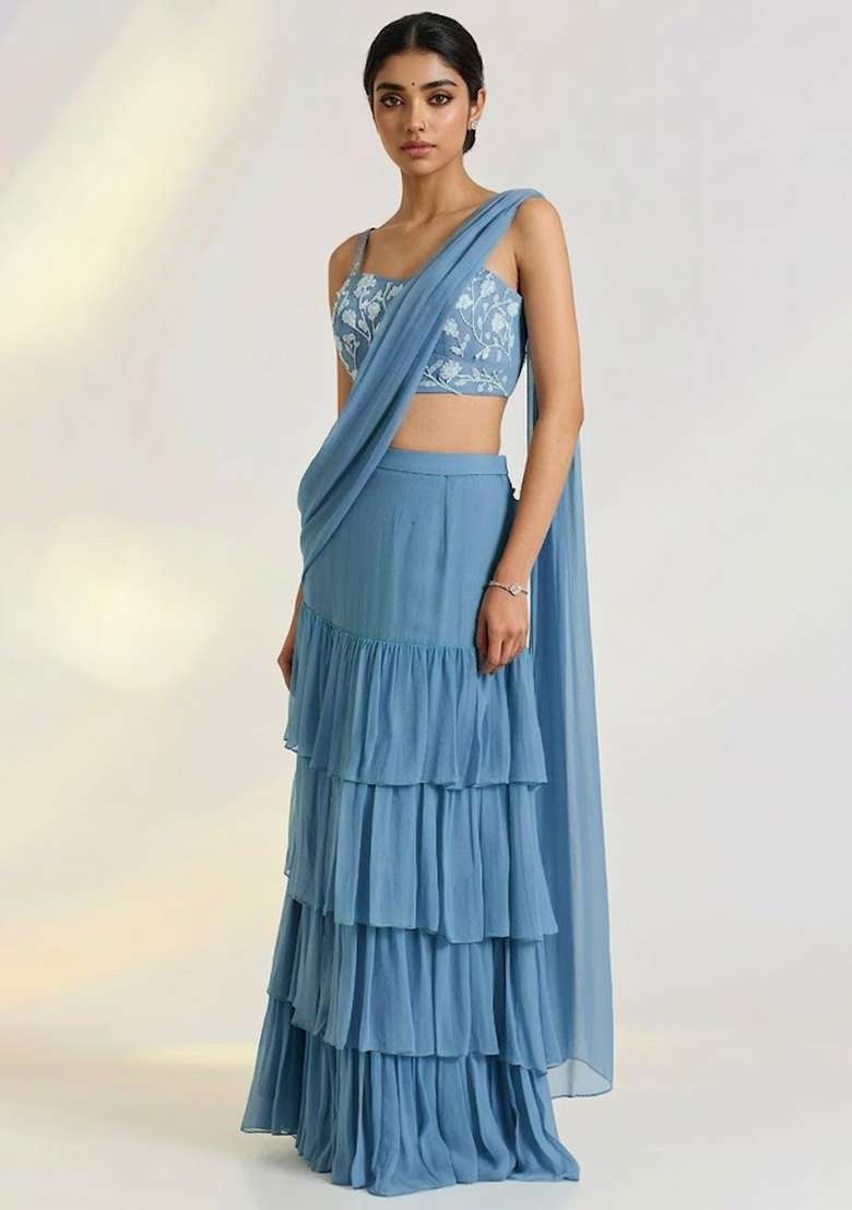 Blue Georgette Embellished Handwork Pre Draped Saree Set - Indya
