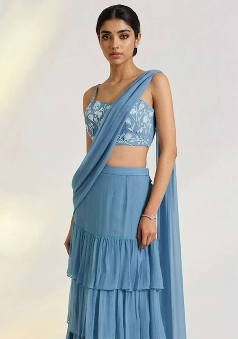 Blue Georgette Embellished Handwork Pre Draped Saree Set - Indya