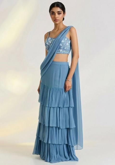 Blue Georgette Embellished Handwork Pre Draped Saree Set